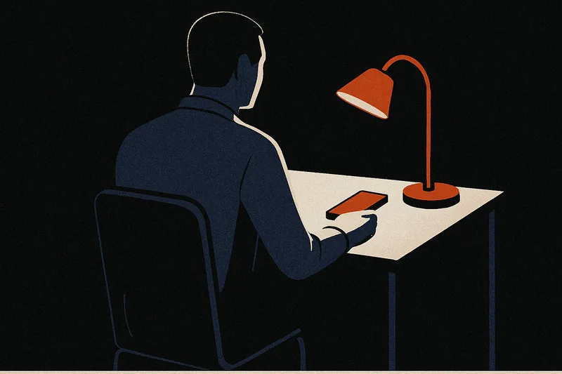A person at a desk at night holding a phone, lit by a single warm desk lamp.