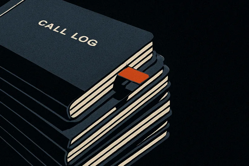 A stack of black call-log notebooks fanned on a dark desk, one ember-orange index tab standing out from the middle of the stack.