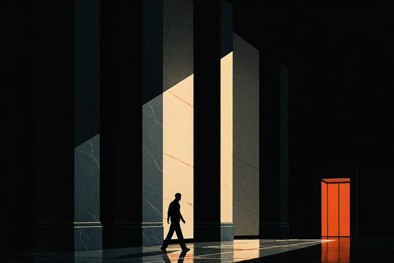 A monumental dark bank lobby with marble columns, a tiny figure crossing toward one elevator glowing orange.