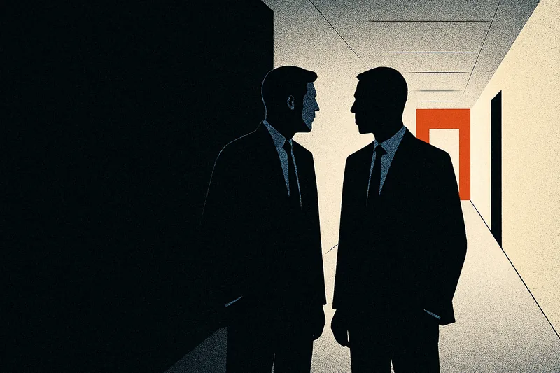 Two silhouetted figures pausing to talk in a dim hallway, a distant open doorway spilling orange light toward them.