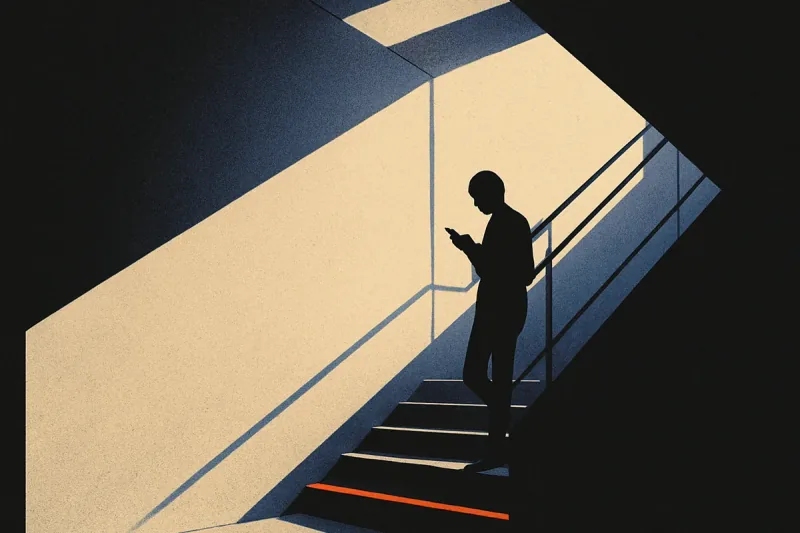 A dark stairwell landing between floors, a tiny silhouetted figure paused mid-flight beside a thin orange light strip.