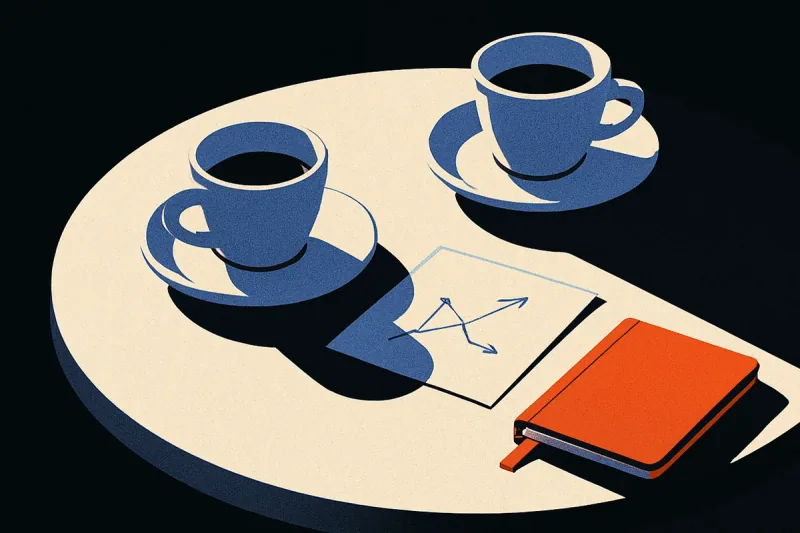 A cafe table after a meeting: two espresso cups, a napkin with a sketched diagram, and an orange-tabbed pocket notebook catching the light.