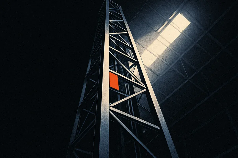 A tall steel catwalk and gantry inside a dark industrial plant, one thin orange indicator line at the base.