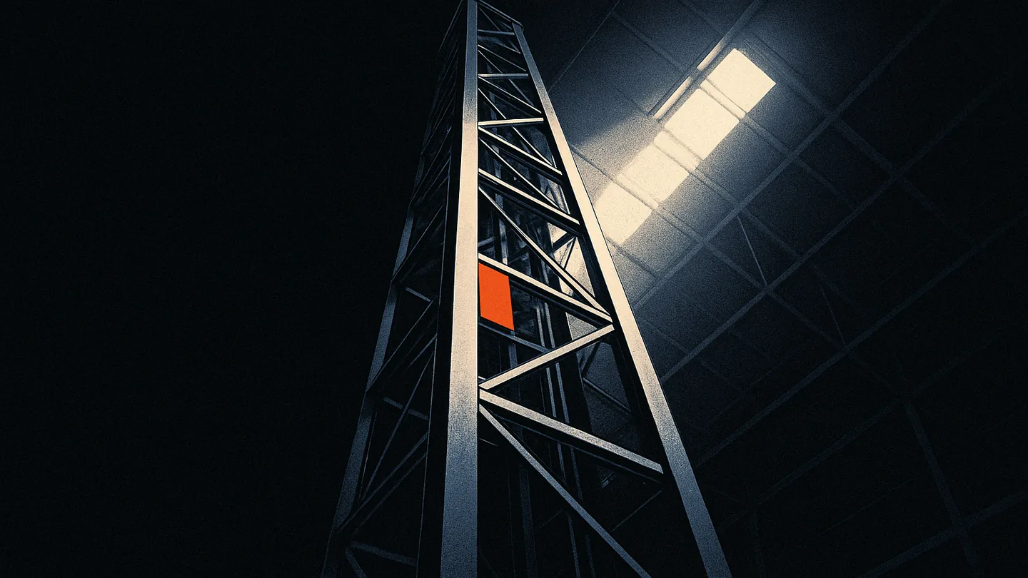 A tall steel catwalk and gantry inside a dark industrial plant, one thin orange indicator line at the base.