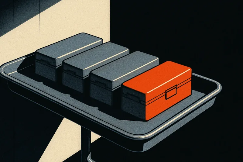 A stainless instrument tray in a dark room holding neutral cases, one small case tagged with a glowing orange label.
