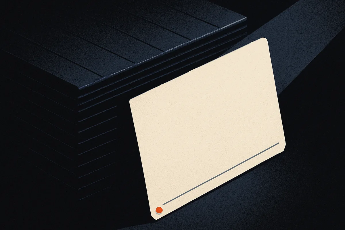 A single lit index card standing out in a long stack of otherwise dark, identical cards, one small orange dot glowing at its corner.