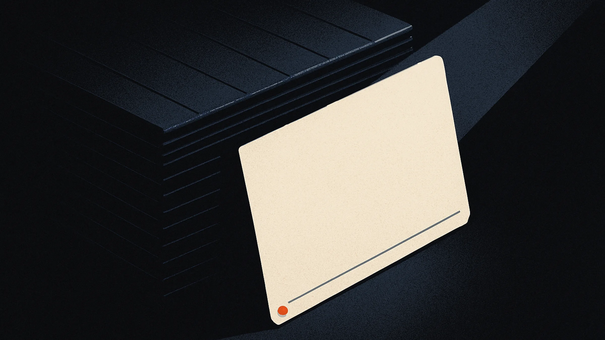 A single lit index card standing out in a long stack of otherwise dark, identical cards, one small orange dot glowing at its corner.