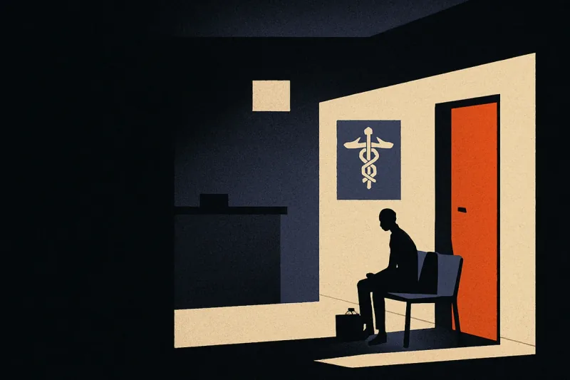 A tiny silhouetted rep seated alone in a dark clinic waiting room, a single orange door glowing beside the reception desk.