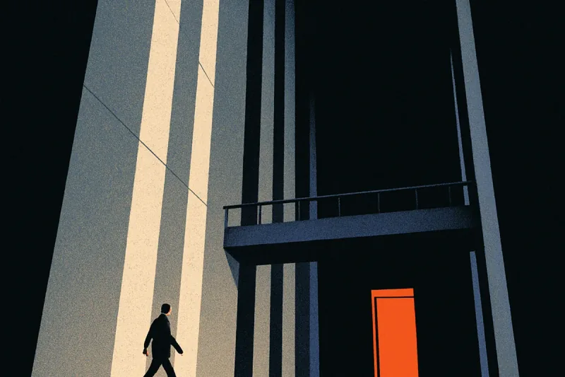 A tall atrium lobby seen from below, a small figure crossing the floor beneath a mezzanine walkway toward a glowing orange doorway.