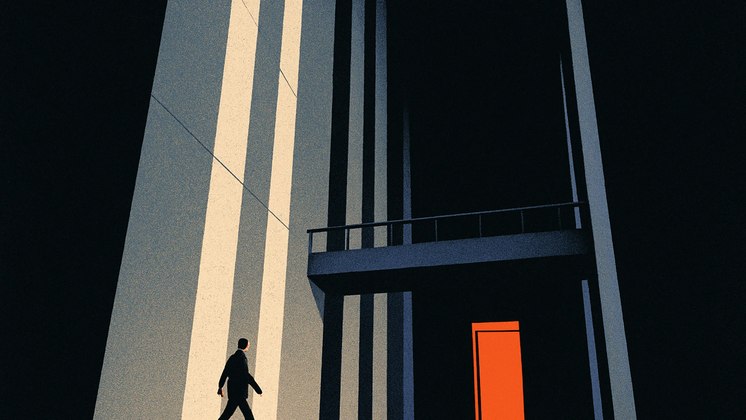 A tall atrium lobby seen from below, a small figure crossing the floor beneath a mezzanine walkway toward a glowing orange doorway.