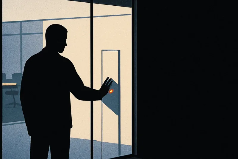 A silhouetted figure standing at a glass partition, one hand resting on a lit panel with a small orange indicator glowing beneath it.