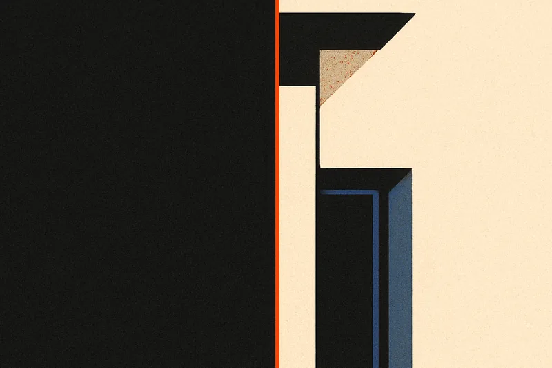 An architectural frame split by a column, one side cold and dark, one side warm-lit, an orange line marking the divide.