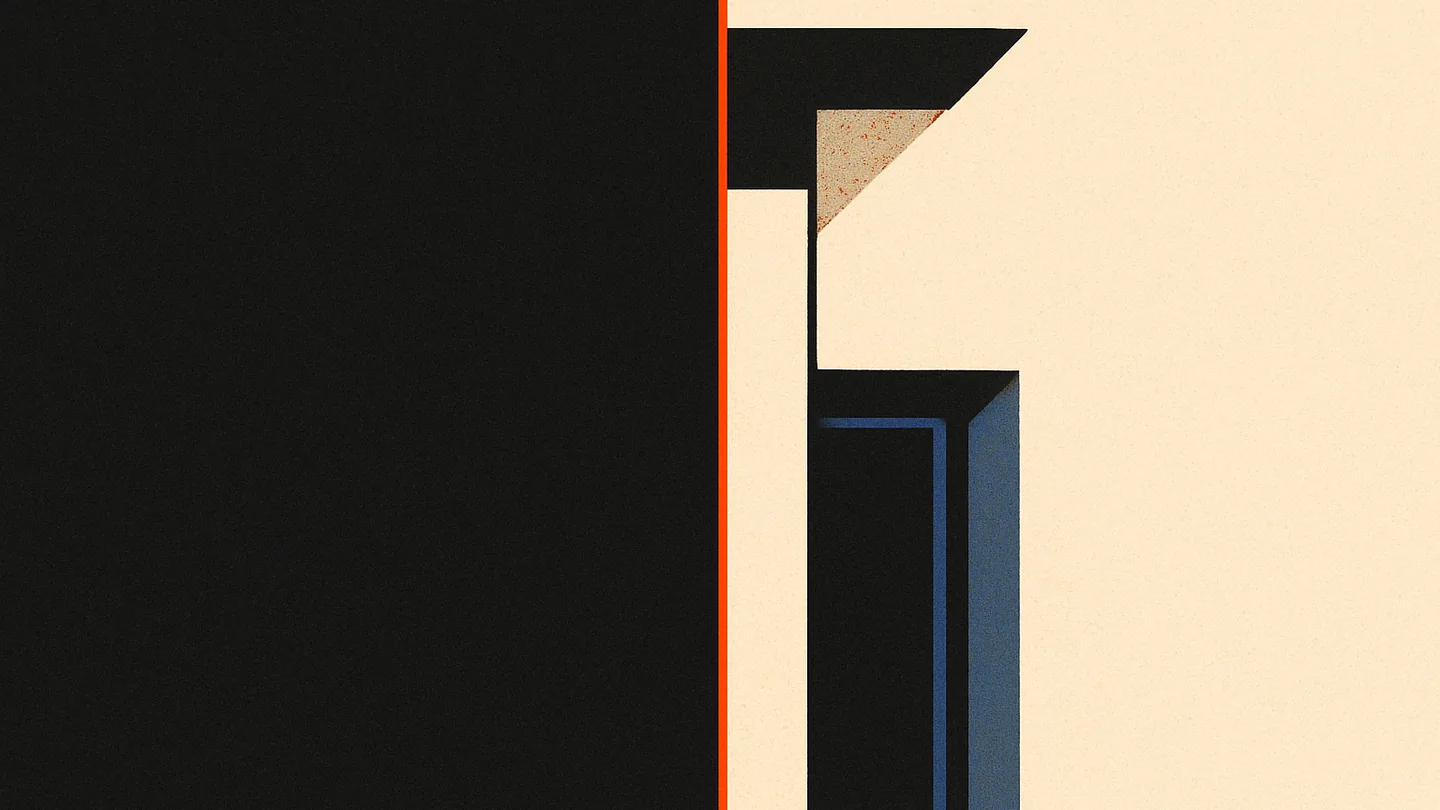 An architectural frame split by a column, one side cold and dark, one side warm-lit, an orange line marking the divide.