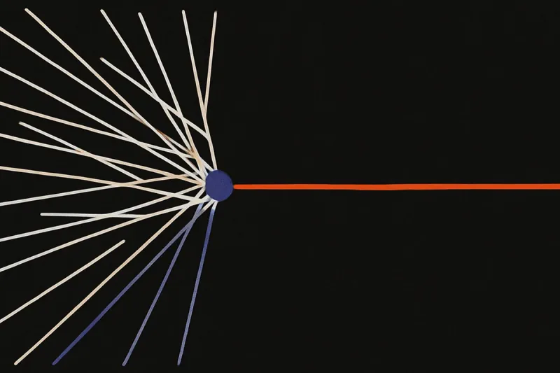 Dozens of scattered thin lines converging through a small aperture into one straight glowing orange line.