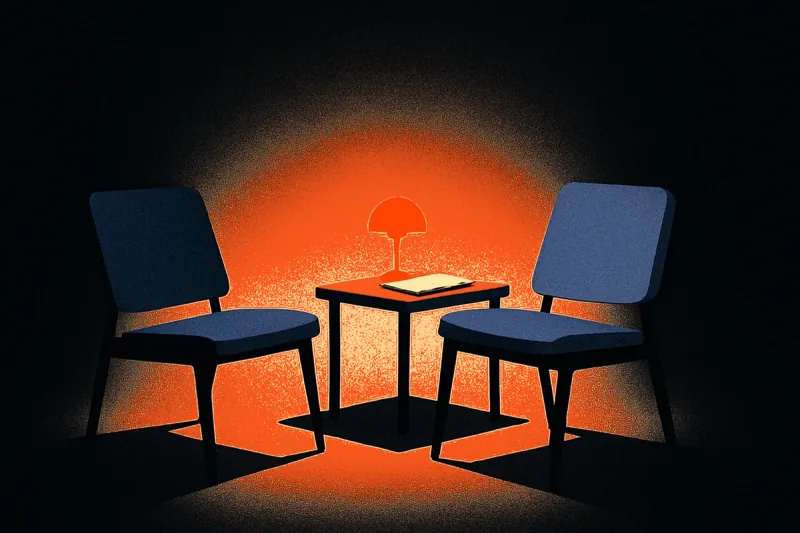 Two chairs side by side facing the same direction in a pool of light, sharing a small table with a glowing orange reading lamp.