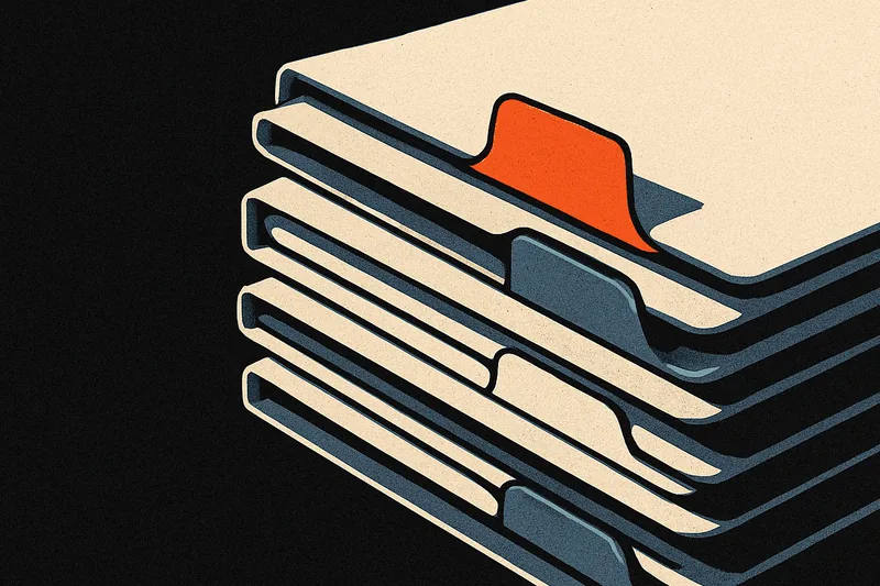 A stack of manila folders on black, one orange tab standing out partway down marking a repeated point.