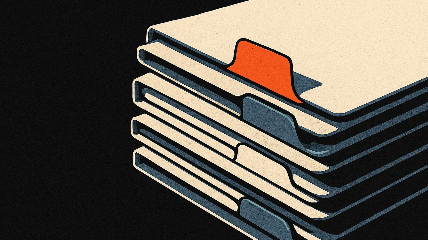 A stack of manila folders on black, one orange tab standing out partway down marking a repeated point.