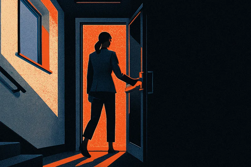 A figure in a blazer and trousers pushing open a glass door, one hand on its glowing ember-orange push-bar, in a dim stairwell landing.