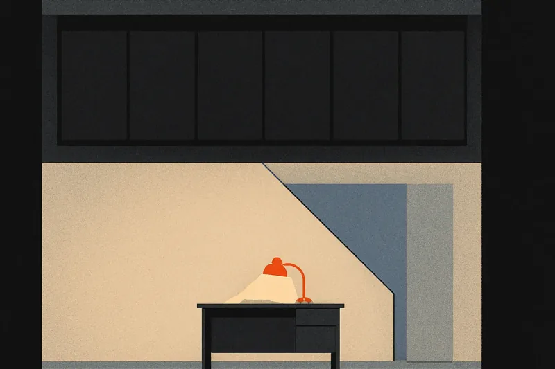 A building cross-section: a dark idle mezzanine of glass offices above, and below a small bright workspace with one ember desk lamp glowing.