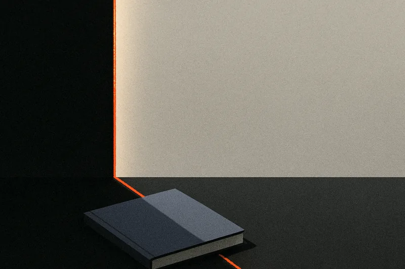 A single ember-orange line of light dividing a dark room in half, a plain notebook resting at its edge.