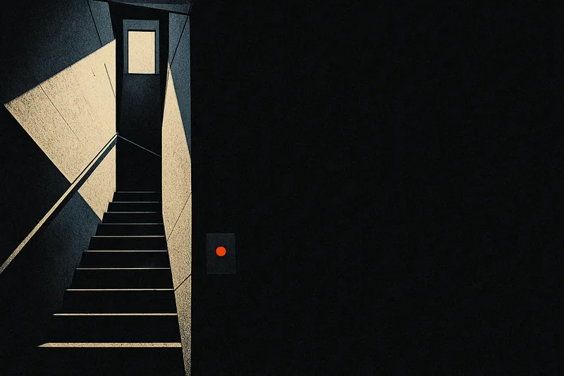 A narrow stairwell shaft seen from below, one small ember-orange indicator dot lit on a wall panel partway up.