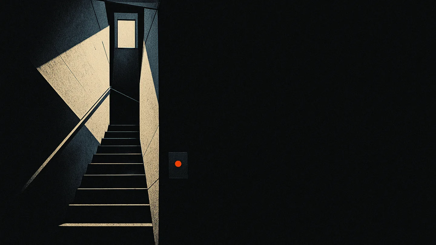 A narrow stairwell shaft seen from below, one small ember-orange indicator dot lit on a wall panel partway up.