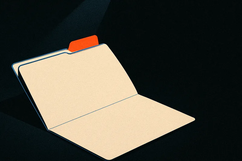 A single intake folder under a spotlight on a dark desk, one ember-orange tab marking it.