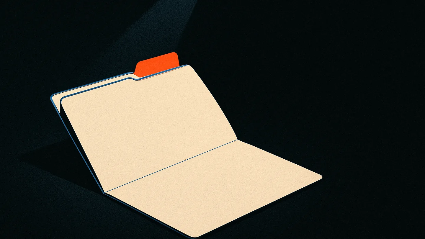 A single intake folder under a spotlight on a dark desk, one ember-orange tab marking it.