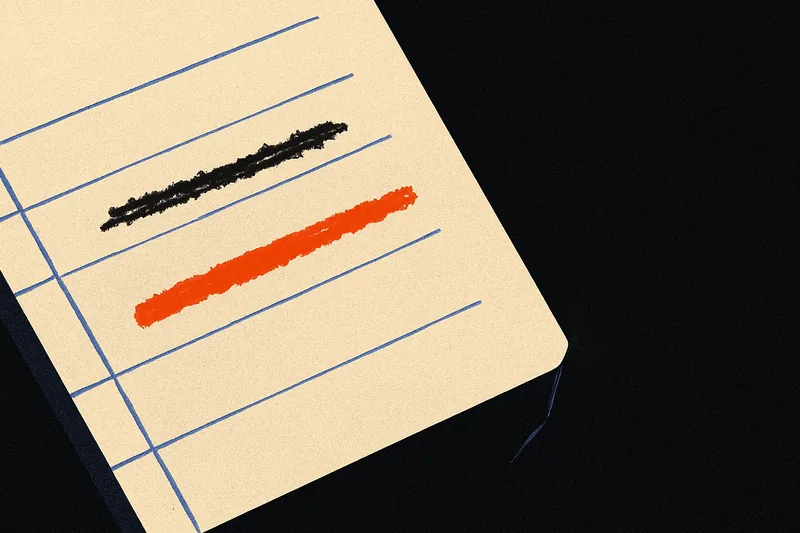 A notebook page on a dark desk with one line struck through and corrected in ember-orange ink.