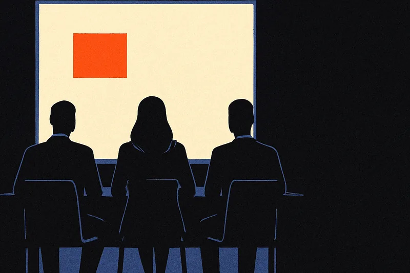 Three silhouetted figures at a conference table facing a lit screen with one small ember-orange panel glowing on it.