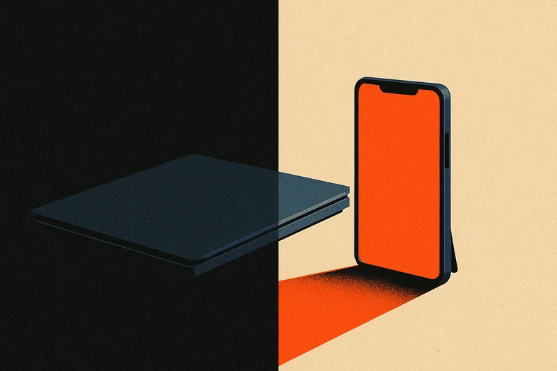 A desk split between a dark, closed corporate laptop and a personal phone with its screen lit orange.