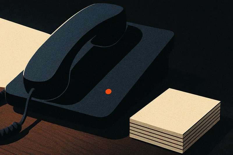 A desk phone handset beside a stack of index cards, one ember-orange dot lit on the phone's base like an active-line indicator.