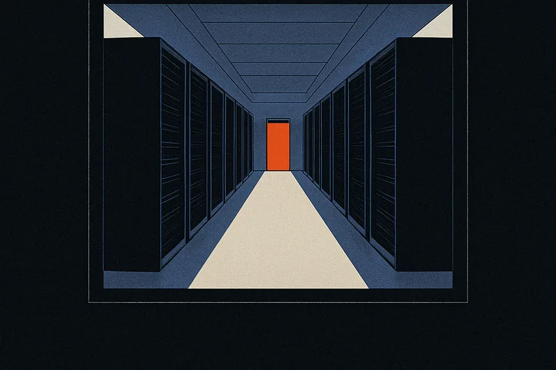 A server corridor viewed through glass from a dark hallway, an ember-orange doorway glowing at the far end.