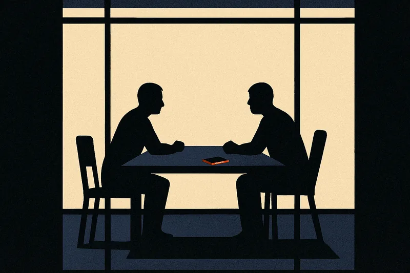 Two silhouettes at a table in a lit room, one chair empty, a phone face-down glowing orange at the edge.