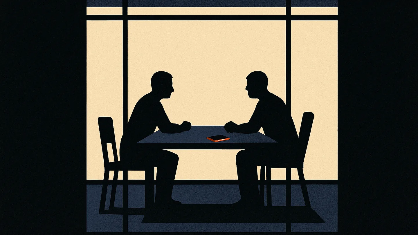 Two silhouettes at a table in a lit room, one chair empty, a phone face-down glowing orange at the edge.