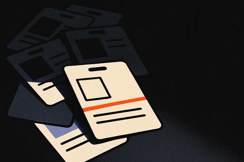 A scattered pile of badge-scan slips on a dark desk, one slip marked with a thin ember-orange line and pulled forward from the rest.