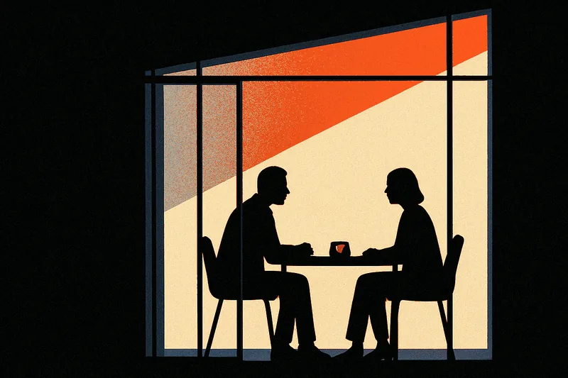 Two silhouetted figures across a small table in a glass-walled room, a single ember-orange dot glowing on a device between them.