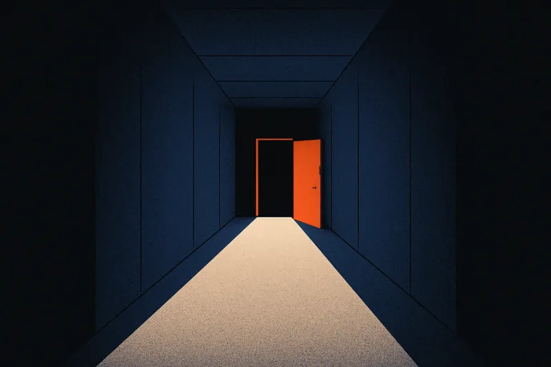 An empty dark corridor with one open orange doorway spilling light onto the floor, and nobody in sight.