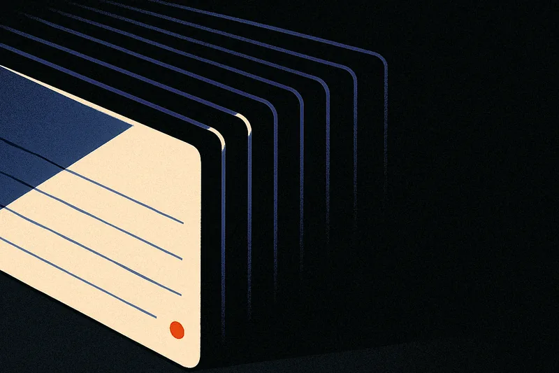 A fanned row of index cards on black, one small orange dot inked on the front card marking a date.
