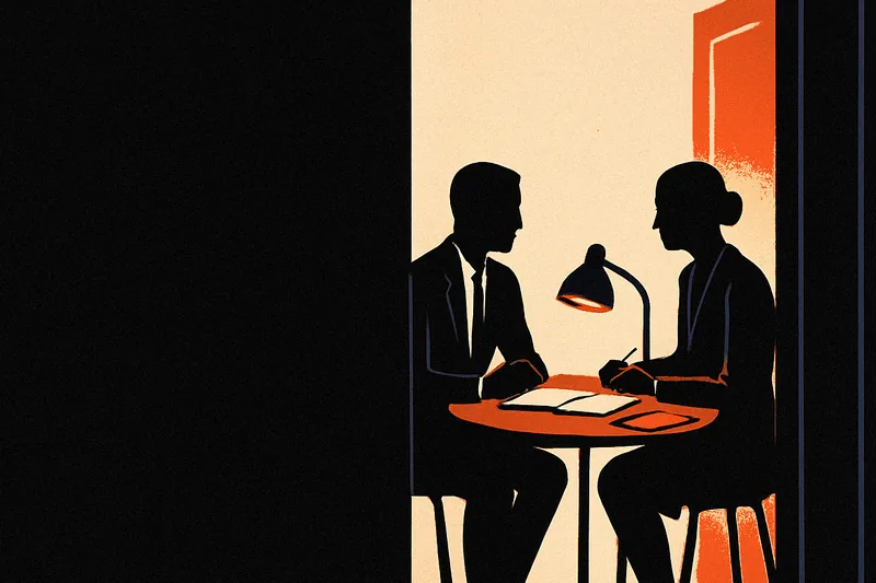 Two silhouetted figures at a small table in a dim room, an ember-orange panel glowing on a tablet between them.