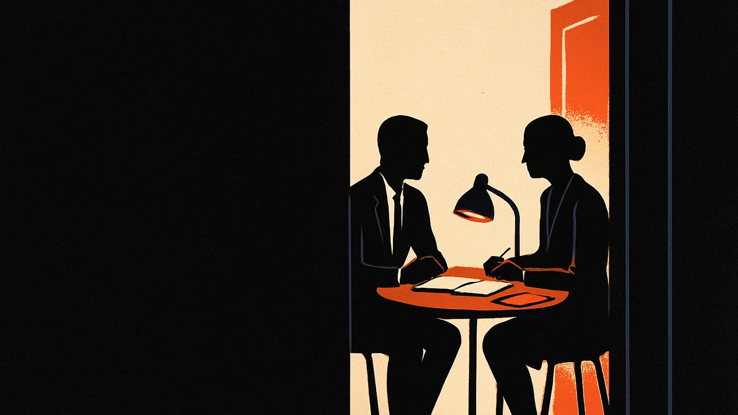 Two silhouetted figures at a small table in a dim room, an ember-orange panel glowing on a tablet between them.