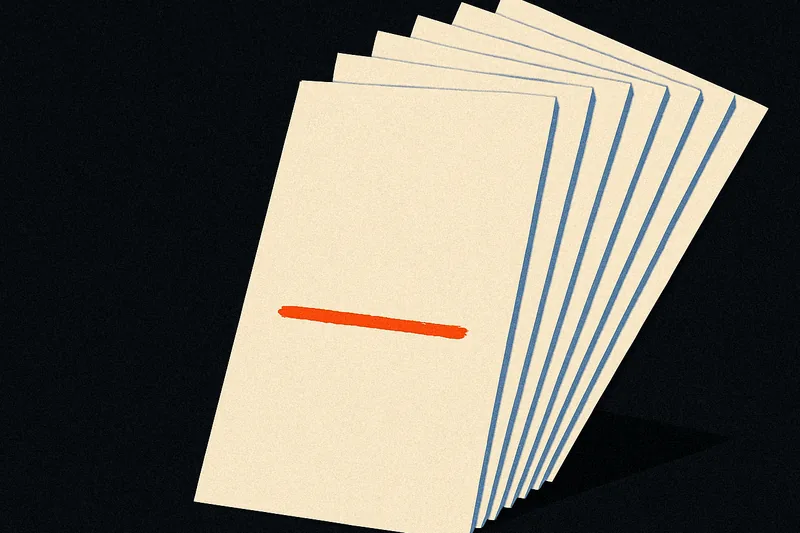 A fanned stack of seven index cards on a dark surface, one card marked with a single glowing orange line.