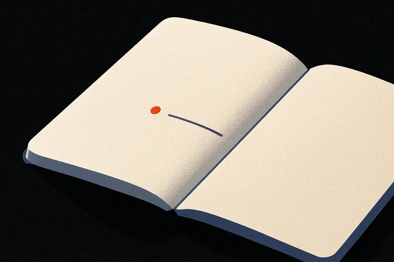 A single open notebook on a dark desk, one small orange dot marked in the margin of a handwritten page.