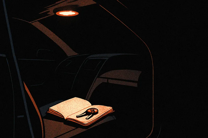 A notebook and keys on a car seat, lit by a single warm dome light, the rest of the interior dark.