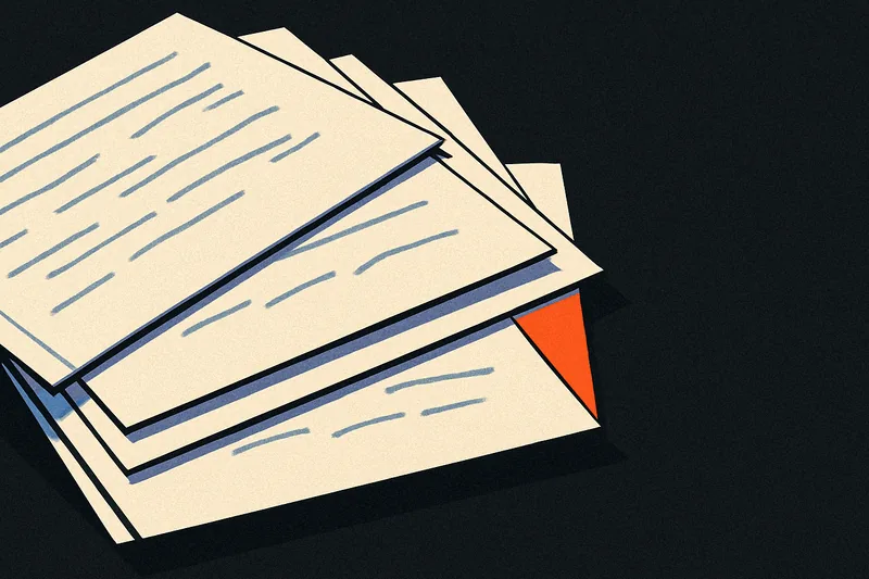 A fan of index cards marked with pencil strokes on a dark desk, one card's corner glowing ember-orange brighter than the rest.