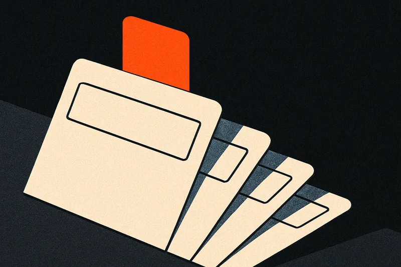 A small tray holding a phone, a notebook, and a pen on a dark desk, one orange tab standing up from the notebook.