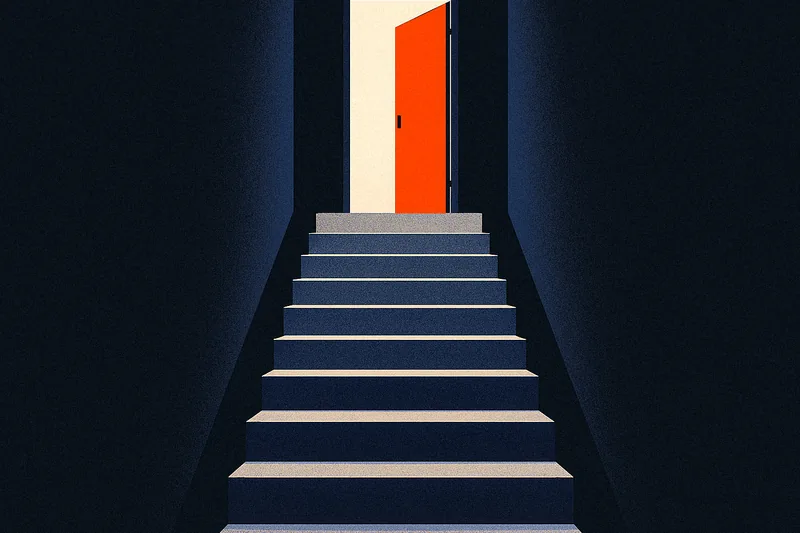 A concrete stairwell rising into darkness toward a single lit landing, one orange panel of light spilling through an open door at the top.