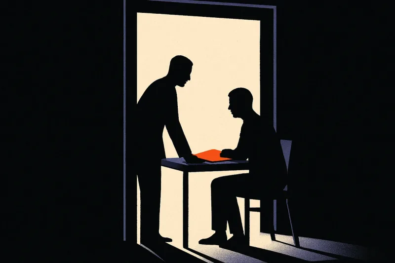 Two silhouetted figures at a small table in a dark room, one standing and one seated, passing a single orange folder between them.