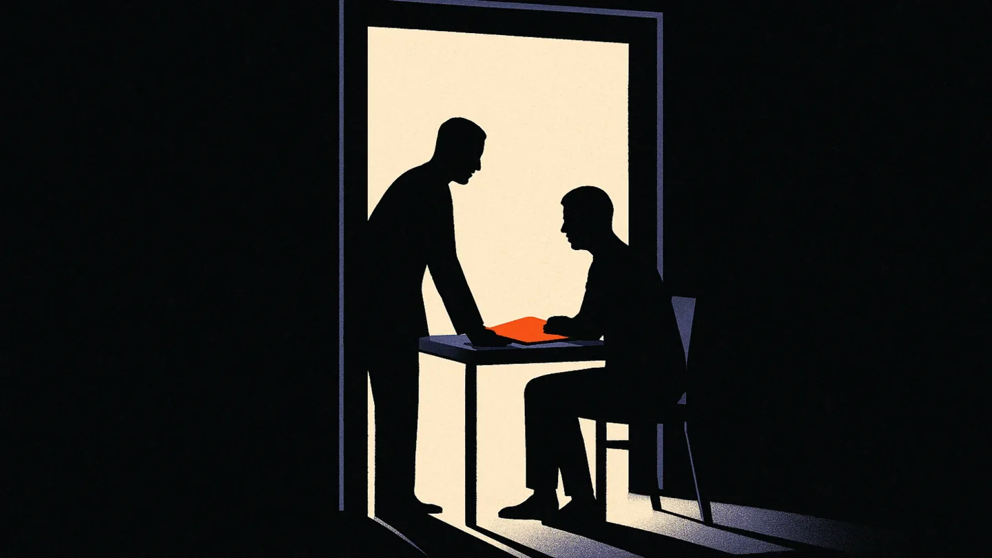 Two silhouetted figures at a small table in a dark room, one standing and one seated, passing a single orange folder between them.