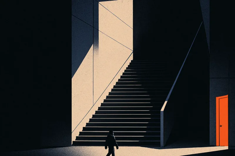 A vast dark corporate lobby with a grand staircase, and one small orange side door lit at ground level.